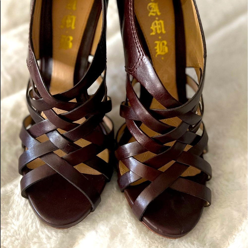 L.A.M.B. Women's Leather Brown Strappy Stiletto Heels With Gold Zipper